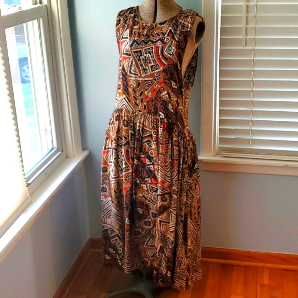 Vintage Bohemian Patterned Maxi/Midi Dress Size M/L